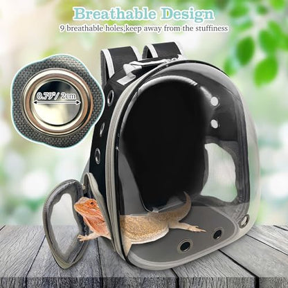 PINVNBY Bearded Dragon Carrier Backpack with Harness and Leash Set Large Reptile Travel Carrier Portable Lizard Backpack Clear Bubble Window Small Animal Carrying Bag for Gecko Kitten Rabbit (Black) - color: Black