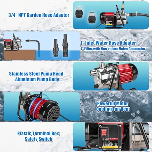 Water Transfer Garden Pump, 1.6 HP 1000GPH Portable Electric Shallow Well Jet Pump, Stainless Steel Sprinkler Pressure Booster Pump for Pool Draining, Lawn Fountain, Irrigation, Water Removal - style: 1.6HP