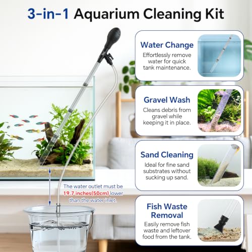 hygger Aquarium Gravel Vacuum Siphon, Adjustable Flow Manual Fish Tank Water Changer for Sand Cleaner with 6.5 Ft Hose, Suction Ball, Aquarium Gravel Cleaner Adjustable Length (Up to 30 Gal Tank) - size: S