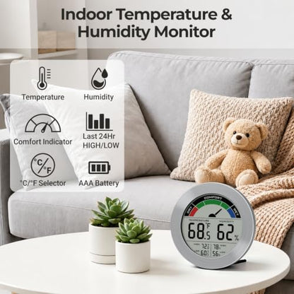 Digital Hygrometer Indoor Thermometer Humidity Meter Room Temperature Humidity Monitor, Metal Frame with Brushed Stainless Finish, DM9442 (Silver Stainless) - color: Silver Stainless