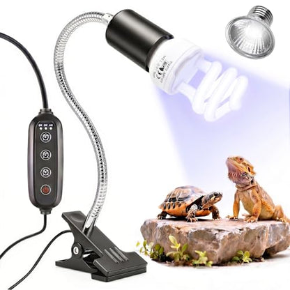 Reptile Heat Lamp,UVB Light for Reptiles Turtle/Lizard,UVB/A 10.0 13W Bulb | Heat Lamp with Clamp for Bearded Dragon and Terrarium, UVB Light for Reptiles with Timer, 50W Sunbathing Bulb