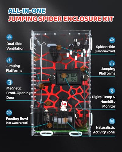 DIY Jumping Spider Enclosure, 4.7"x4.7"x7.9" Escape Proof Spider Terrarium, Small Reptile Acrylic Accessories Set, with Temperature and Humidity Detector, Platform and Hide, Tweezer, Feeding Bowl