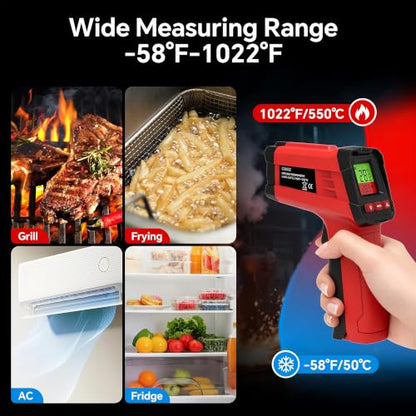 Infrared Thermometer Gun, Digital Laser Temperature Gun -58°F to 1022°F, Adjustable Emissivity, LCD Backlight, MAX/MIN Display, Non-Contact Thermometer for Pizza Oven, BBQ, HVAC, Griddle - color: Red（-58℉-1022℉）