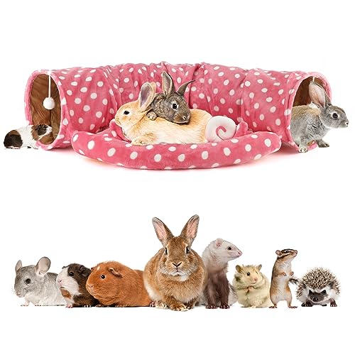 BWOGUE Bunny Tunnel Bed, 2-in-1 Collapsible Rabbit Tunnel Hideout with Mat | Rabbit Tunnel for Indoor Bunnies, 46.8 in Length, Removable Mat for Rest, Ball Toy for Play, Rabbits and Guinea Pigs - color: Pink