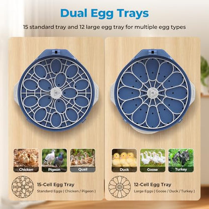 Egg Incubator for Hatching Eggs, 5 Preset Incubation Modes & 1 Custom Mode | Hatch 15 Eggs, Temperature and Humidity Adjustable Function, Automatic Egg Turning for Duck, Chicken, Goose, Pigeon and Quail