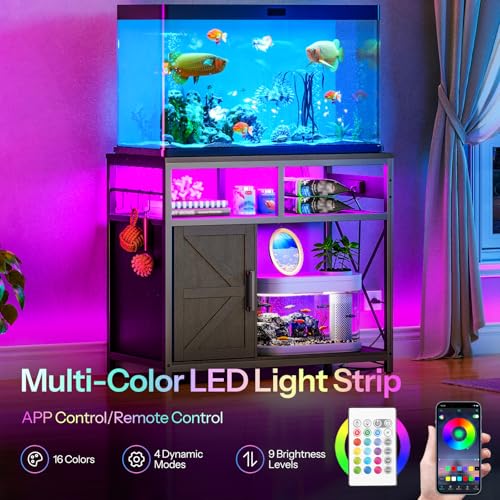 HOOBRO 40-50 Gallon Fish Tank Stand with Power Outlet and LED Light, Metal Frame Aquarium Stand with Cabinet Storage, for Reptile Turtle Tank, 440 LBS Capacity, 36.6'' L x 18.9'' W, Black BB93UDFT01
