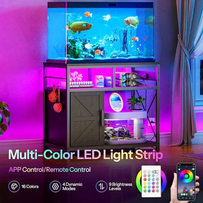HOOBRO 40-50 Gallon Fish Tank Stand with Power Outlet and LED Light, Metal Frame Aquarium Stand with Cabinet Storage, for Reptile Turtle Tank, 440 LBS Capacity, 36.6'' L x 18.9'' W, Black BB93UDFT01