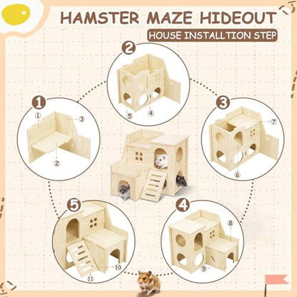 BreezeHug 4 Pcs Hamster Cage Accessories Hamster Platform Hideout Wooden Tunnel Ladder Playhouse Game Climbing Toy with Platform for Pets Dwarf Syrian Mice Degus Gerbils Squirrel(Villa) - style: Villa
