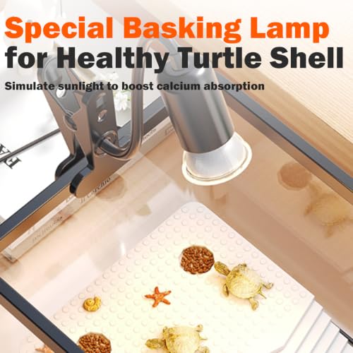 Turtle Aquarium with Lamp, High Transparent with Drain Hole & Protective Top, All-in-one Reptile Terrarium Kit with Basking Light, Hideout & Multi-Area Habitat for Small Tortoise Amphibian