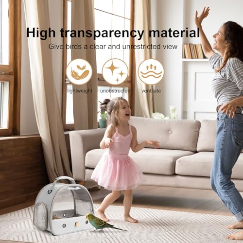 Bird Carrier, Portable Small Bird Parrot Parakeet Carrier with Standing Perch and Mat, Side Access Window Collapsible (Grey, Clear Windows) - color: Grey