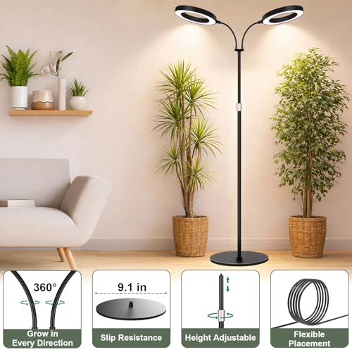 LBW Dual Head Grow Light with Stand for Indoor Plants, Full Spectrum Grow Light for Tall Plants, Adjustable Height up to 68", Auto Cycle Timer 6/8/12/16H, 5-Level Dimmable, 3 Lighting Modes, Black - size: 2 Head 6.3" Black