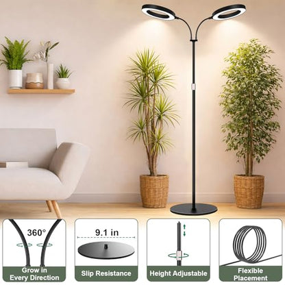 LBW Dual Head Grow Light with Stand for Indoor Plants, Full Spectrum Grow Light for Tall Plants, Adjustable Height up to 68", Auto Cycle Timer 6/8/12/16H, 5-Level Dimmable, 3 Lighting Modes, Black - size: 2 Head 6.3" Black