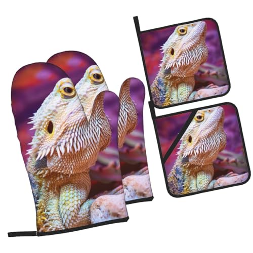 Bearded Dragon Lizards Animal Reptile Camouflage Heat Resistant Oven Mitts and Pot Holders Set of 4-500°f Protection Utensil Pocket for Grilling, Baking, Cooking