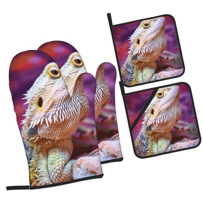 Bearded Dragon Lizards Animal Reptile Camouflage Heat Resistant Oven Mitts and Pot Holders Set of 4-500°f Protection Utensil Pocket for Grilling, Baking, Cooking