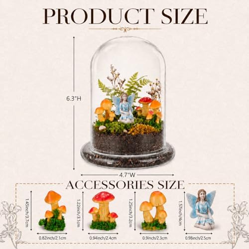 Hushee 5 Pack Decorative 1 Glass Cloche Dome 6.3'' x 4.7'' with 3 Mushroom & 1 Fairy Figurines Closed Terrarium Glass Cloche with Base for Desk Mini Plant Indoor Miniature Tabletop - No Plants - size: 6.3'' X 4.7''