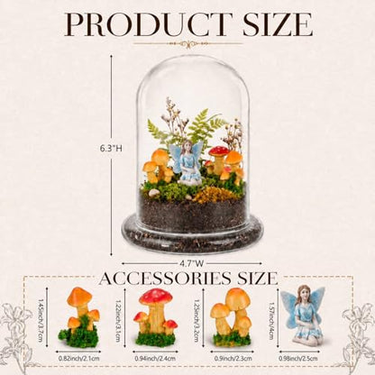 Hushee 5 Pack Decorative 1 Glass Cloche Dome 6.3'' x 4.7'' with 3 Mushroom & 1 Fairy Figurines Closed Terrarium Glass Cloche with Base for Desk Mini Plant Indoor Miniature Tabletop - No Plants - size: 6.3'' X 4.7''