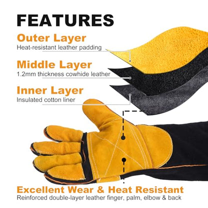 TOPDC Welding Gloves 16-Inch 932°F Heat Resistant Leather for MIG, Stick | Foil Layer, 1.2 mm Cowhide, Kevlar Stitching and Cotton Lining; Cuff Protects Forearms for Fireplace, Grill and Stove Use - color: 16 Inch Black-yellow
