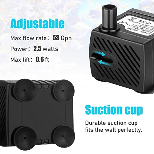 Submersible Pump 53GPH(200L/H) Fountain Pump Accessories kit, The Machine Parts of Neptonion Reptile Water Feeder, Includes 2.5W Aquarium Pump, 2 Carbon Foam and a Water Pipe