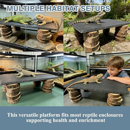 Bearded Dragon Basking Rock Platform with Wooden Pile,Natural Slate Stone Rocks Basking Platform,Habitat Hideouts Hide Cave Reptile Tank Accessories for Bearded Dragons,Geckos,Ball Pythons, Tortoise