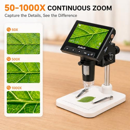 Elikliv Microscope, LCD Digital Coin Microscope 1000x, Coin Magnifier with 8 Adjustable LED Lights, PC View Compatible with Windows/MacBook, EDM4, 4.3-Inch - color: White