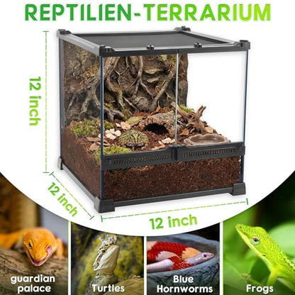 12"x12"x12" Reptile Terrarium, Double-Door Glass Terrestrial Vivarium for Tropical Amphibians Such as Pacman Frogs, with Lock, Cable Port & Waterproof Deep Base Below Front Doors