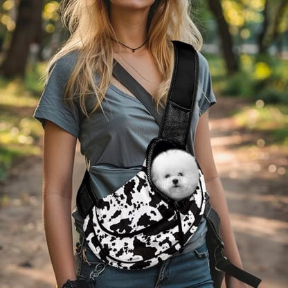 COEQINE Dog Backpack Carrier for Women Walking Hands-Free Abstract Cow Art Print Front Facing Cat Sling Bag Lightweight Secure Buckles Small Cats Commute - color: Abstract Cow Print