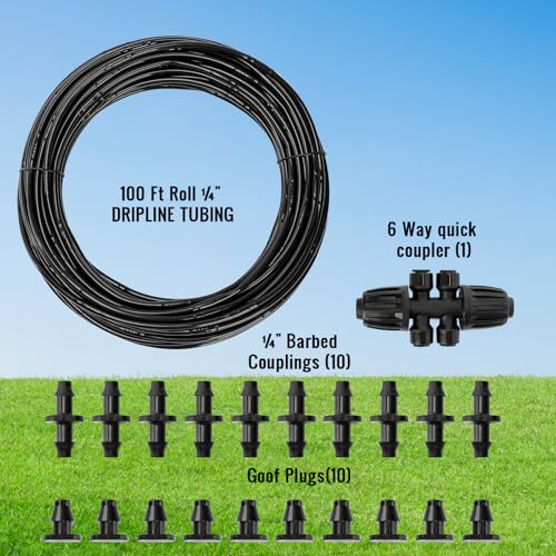MIXC 1/4" Irrigation Dripline Tubing (100 Ft Roll), Saving 80% Water, 6" Emitter Spacing, 0.5 GPH Emitters Built-In Drip Irrigation Line with 1/4" Fittings Included, Black - size: 100FT