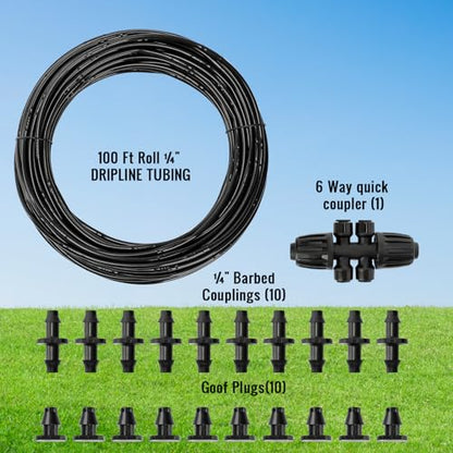 MIXC 1/4" Irrigation Dripline Tubing (100 Ft Roll), Saving 80% Water, 6" Emitter Spacing, 0.5 GPH Emitters Built-In Drip Irrigation Line with 1/4" Fittings Included, Black - size: 100FT