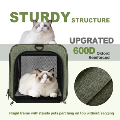GAPZER Medium Cat Carrier Bag Lightweight, Soft-Sided Small Pet Carry Crate | 18 x 11 x 11 Light Weight Yorkie Kennel up to 15 lbs for Indoor House, Top Entry Bunny Canvas Bag Vet Visit Easy Clean Olive - color: Olive
