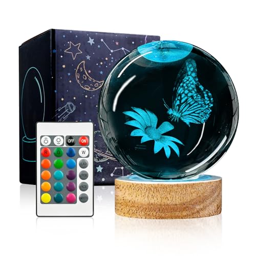 3D Crystal Ball Night Light with Wooden Base, 3.15" Butterfly & Flower Figurine Glass Lamp with 16 Colors, Cute Desk Decor for Bedroom Gifts - color: Butterfly