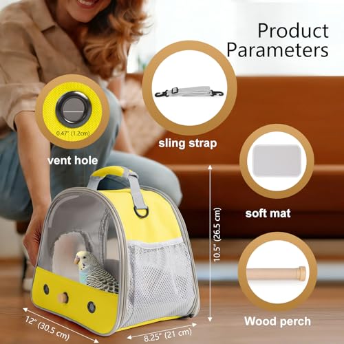 Bird Carrier, Portable Small Bird Parrot Parakeet Carrier with Standing Perch and Soft Mat, Side Access Window Collapsible (Yellow, Clear Windows) - color: Yellow