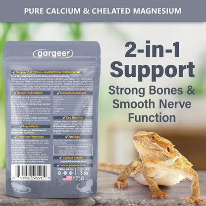 Gargeer 3oz Magnesium & Calcium Supplement for All Reptiles. Made in USA | Dual mineral support with 5× absorbable chelated magnesium & calcium! Supports bone, nerve & muscle health in reptiles