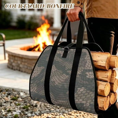 Snake Scale Camo Print Wood Carrying Bag for Firewood | Foldable Design, Adjustable Buckle Straps, Ideal for Indoor Stoves, Bonfires and Long RV Road Trips - color: Green Snake Scale Camo Print