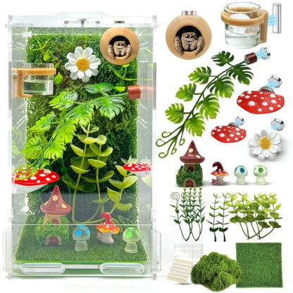 Jumping Spider Enclosure Starter Kit, Small Reptile Terrarium Accessories Set, All-in-One Reptile Tank with Magnetic Plant Holder, Hide, Water Dispenser, Decorations, 4.7"x4.7"x7.8" Fairy Tale Theme
