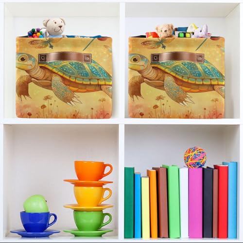 Cartoon Turtle Reptile Terracotta storage baskets 1 pack, foldable and waterproof durables fabric storage cubes with sturdy handle stuff set for dorm