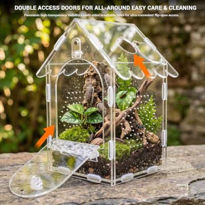Jumping Spider Enclosure Acrylic Terrarium with Magnetic Lock, Feeding Port | Ventilation，Accessories Included，360° Clear View，Easy to Assemble，Ideal for Mantises Tarantulas Snails