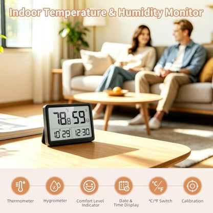 Digital Hygrometer, Humidity Meter, Temperature Monitor for Room | Calibration, Clock, 3.62 LCD, 3-Way Mount, 10s Refresh, Baby Room, Greenhouse, Guitar, CR2450 Battery, Comfort - color: Black