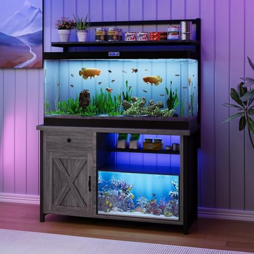 55-75 Gallon Fish Tank Stand with Storage, Aquarium Stand with Shelf, Gray | 49.2 x 19.7 In Top, Upper Shelf, LED Light, 2 Outlets, 2 USB Ports, Metal Frame Support, Turtle Tank Stand, 1100 LBS - color: Gray