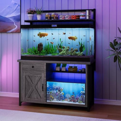 55-75 Gallon Fish Tank Stand with Storage, Aquarium Stand with Shelf, Gray | 49.2 x 19.7 In Top, Upper Shelf, LED Light, 2 Outlets, 2 USB Ports, Metal Frame Support, Turtle Tank Stand, 1100 LBS - color: Gray