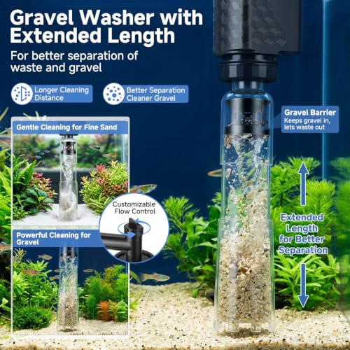 AQQA Aquarium Gravel Vacuum Cleaner, 8-in-1 Electric Fish Tank Cleaner with Automatic Water Change,320GPH Strong Suction, Anti-Clog Gravel Barrier,Sand Washer, Vacuum Cleaner for 15.7-30in Tank Height