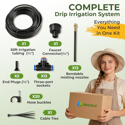 50FT Drip Irrigation Kit, 360° Adjustable Garden Watering System with 1/4" Tubing, Brass Misting Nozzles, DIY Irrigation System for Plants, Raised Beds, Greenhouse - size: 50FT