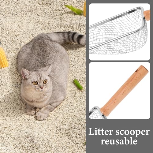 Mikikit Metal Cat Litter Scoop with Wood Handle, Mesh Sifter Shovel 5x5mm for Reptile and Small Pet Waste Cleaning, Sturdy Pet Litter Shovel for Cats and Hamsters