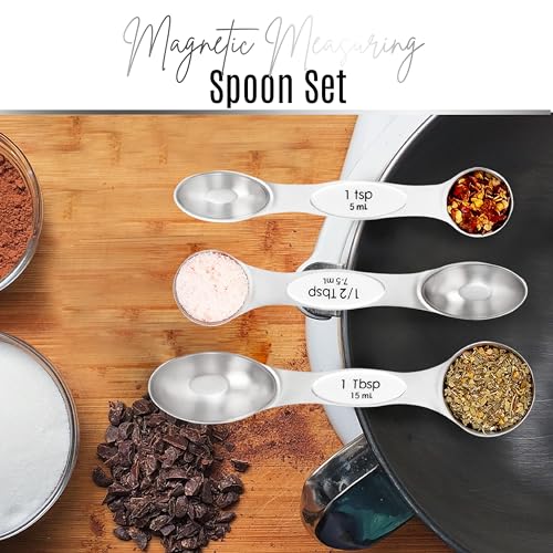 Magnetic Measuring Spoons Set of 9 Stainless Steel Dual-Sided Stackable Measuring Spoon Nesting Teaspoons Measuring Dry and Liquid Ingredients, Fits in Spice Jars Set of 9 (White) - color: White