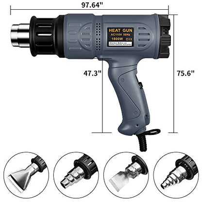 SEEKONE Heat Gun 1800W 122℉-1202℉ Variable Temp for Crafts, Removing Paint | Fast Heating 122℉-1202℉, Dual Airflow, Overheat Protection, 4 Nozzles for Shrink Tubing, Paint Removal and 3D Printing
