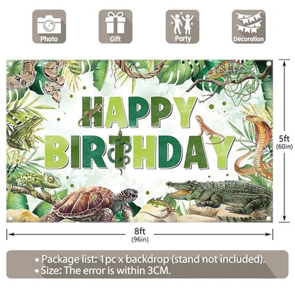 Fabric 96x60inch Reptile Birthday Backdrop Jungle Wild Banner | Tropical Rainforest Lizard Snake Turtle Alligator Palm Leaves Background, Kids Adult Party Decorations, Photo Props - size: 96x60inch