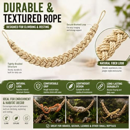 Ball Python Tank Accessories Snake Climbing Rope with Suction Cups & Hooks | Natural Beige 29-Inch Braided Rope Bridge for Climbing Resting & Habitat Decor for Corn Snakes Geckos & Lizards