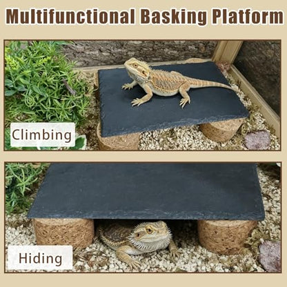 Bearded Dragon Basking Rock Platform,Reptile Basking Slate Rock with Wooden Stump,Leopard Gecko Hides and Caves Tank Accessories for Lizards,Snakes,Ball Pythons,Turtle