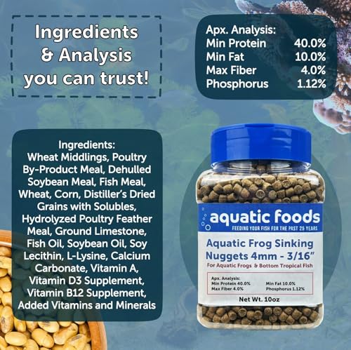 Aquatic Frog, 4mm-3/16 Sinking 40% Protein Nuggets for Aquatic Frogs, Axolotl, Salamanders, Snails, All Bottom Tropical Fish...2-lbs Jar - size: 2 Pound (Pack of 1)