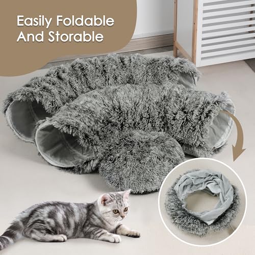 Cat Tunnel Bed for Indoor Cats, Peekaboo Cat Cave with Washable Soft Play Mat, Furry Cat Tube, for Kitten/Puppy/Rabbit, Black - color: black