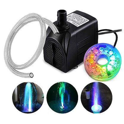 160GPH Small Fountain Pump, 10Watt Submersible Pump with Automatic Color Changing LED Light and 3.3 ft Tubing for Water Feature, Outdoor Pond, Aquarium fish tanks